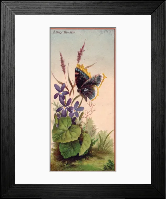 Framed Print : Butterfly and purple flowers on a New Year card Framed Print : Butterfly and purple flowers on a New Year card