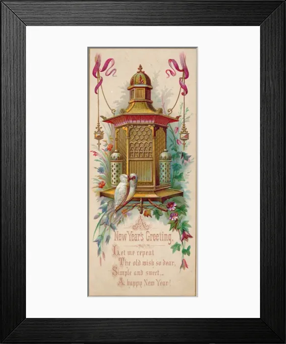 Framed Print : Two white doves and dovecote on a New Year card