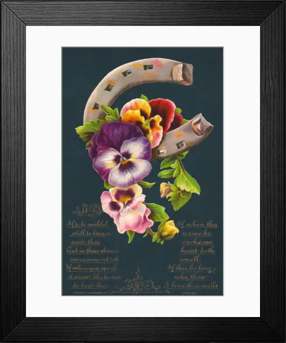 Framed Print : Variegated pansies on a romantic greetings card Framed Print : Variegated pansies on a romantic greetings card