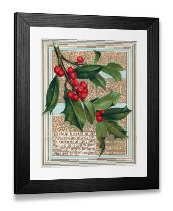 Framed Print : Spray of holly on a New Year card Framed Print : Spray of holly on a New Year card