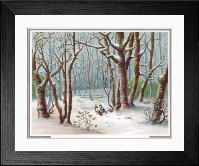 Framed Print : Two children gathering firewood on a Christmas card Framed Print : Two children gathering firewood on a Christmas card