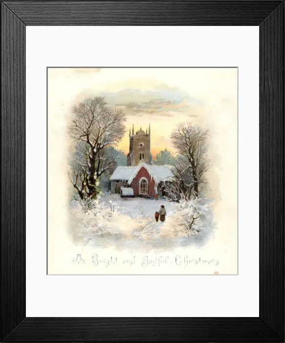 Framed Print : Rural snow scene with church on a Christmas card Framed Print : Rural snow scene with church on a Christmas card