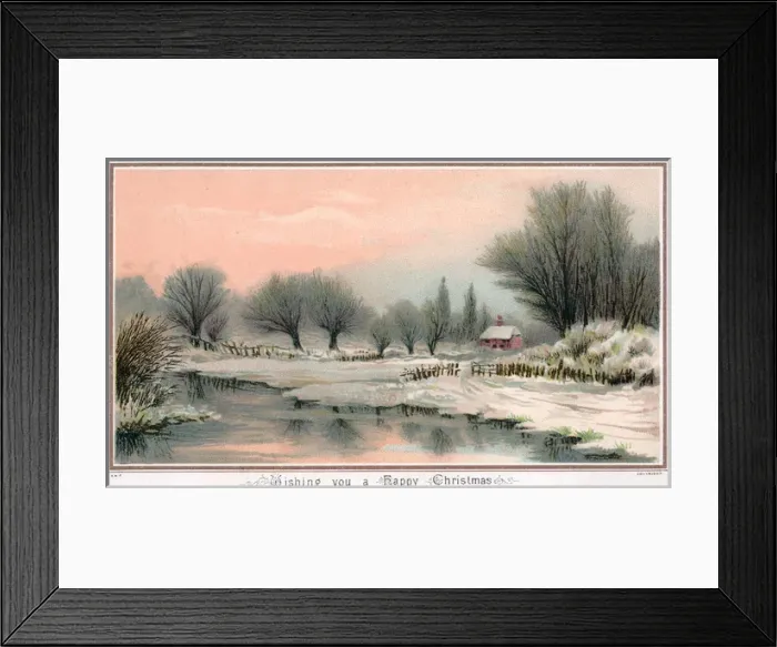 Framed Print : Rural snow scene with pond on a Christmas card Framed Print : Rural snow scene with pond on a Christmas card