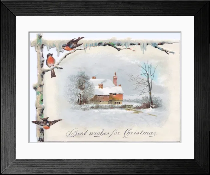 Framed Print : Snow scene with robins and cottage on a Christmas card Framed Print : Snow scene with robins and cottage on a Christmas card
