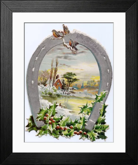 Framed Print : Robins and horseshoe on a Christmas card Framed Print : Robins and horseshoe on a Christmas card