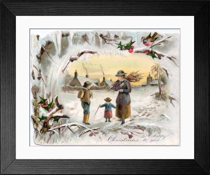 Framed Print : Woman and children with firewood on a Christmas card Framed Print : Woman and children with firewood on a Christmas card