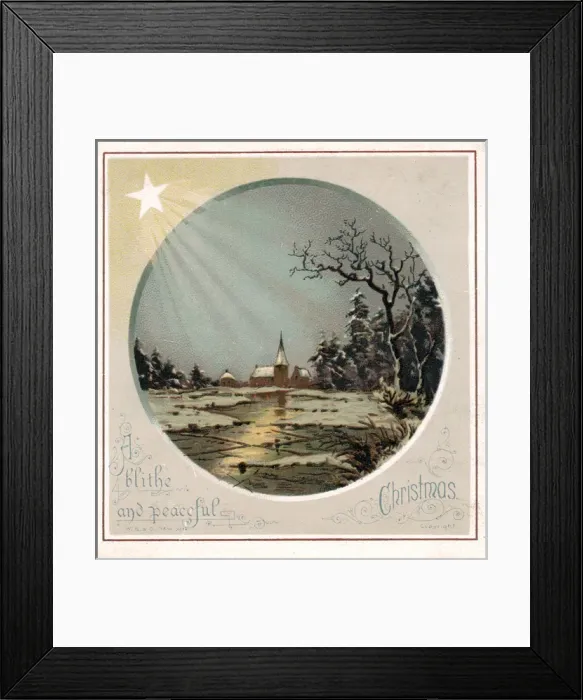 Framed Print : Starlit snow scene with church on a Christmas card Framed Print : Starlit snow scene with church on a Christmas card