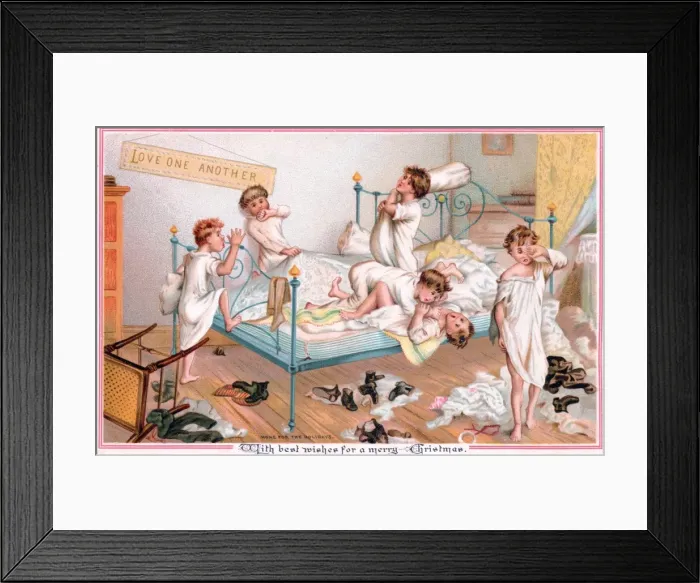 Framed Print : Six boys pillow fighting on a Christmas card Framed Print : Six boys pillow fighting on a Christmas card