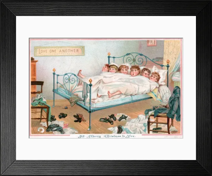Framed Print : Six boys sharing a bed on a Christmas card Framed Print : Six boys sharing a bed on a Christmas card