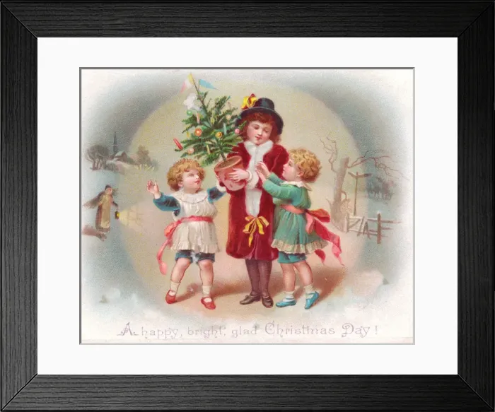 Framed Print : Three children with tree on a Christmas card Framed Print : Three children with tree on a Christmas card