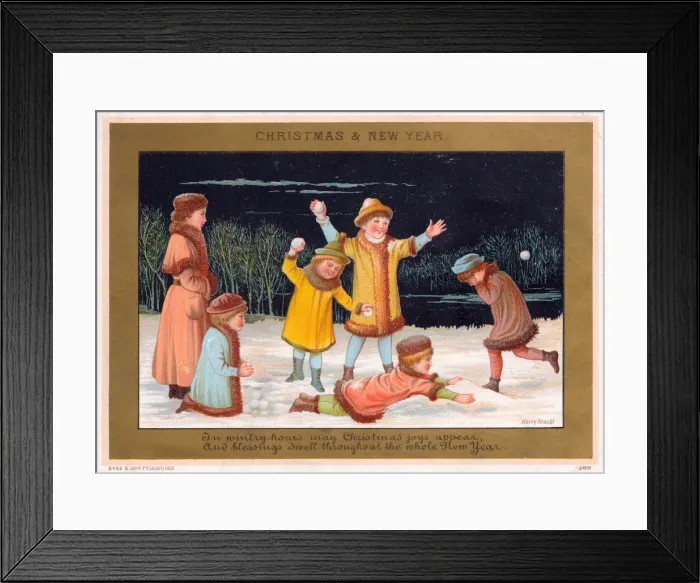 Framed Print : Six children snowballing on a Christmas card Framed Print : Six children snowballing on a Christmas card