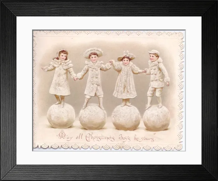 Framed Print : Four children stand on large snowballs on a Christmas card Framed Print : Four children stand on large snowballs on a Christmas card