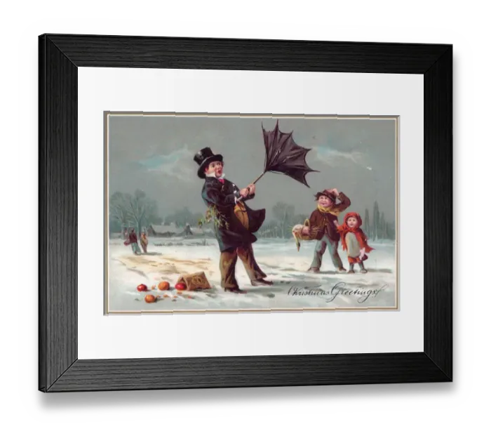 Framed Print : Man with umbrella in the snow on a Christmas card
