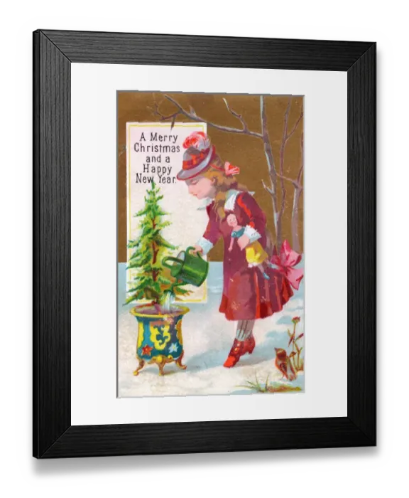 Framed Print : Girl watering tree on a Christmas and New Year card Framed Print : Girl watering tree on a Christmas and New Year card