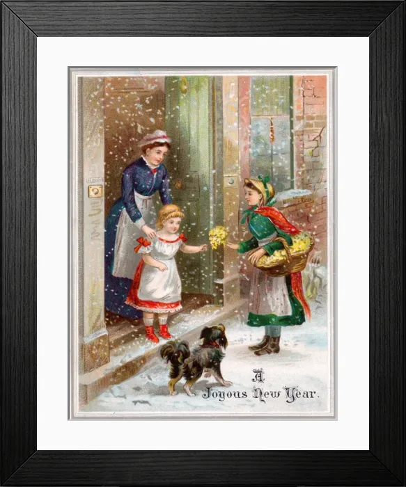 Framed Print : Girl delivering flowers in the snow on a New Year card Framed Print : Girl delivering flowers in the snow on a New Year card