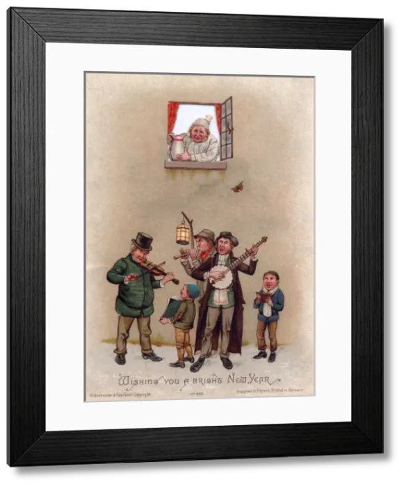 Framed Print : Musicians in the snow on a New Year card Framed Print : Musicians in the snow on a New Year card