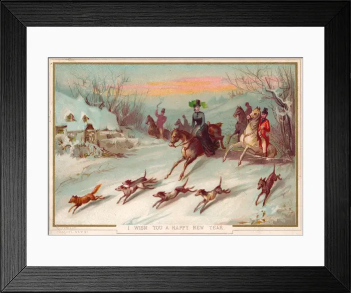 Framed Print : Foxhunting scene in the snow on a New Year card Framed Print : Foxhunting scene in the snow on a New Year card