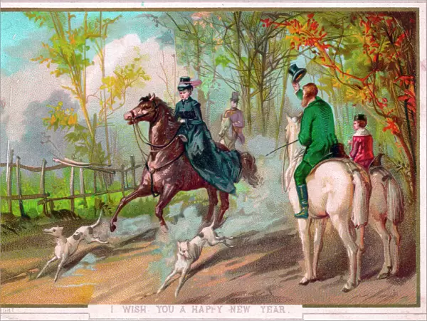Riders, horses and dogs on a New Year card