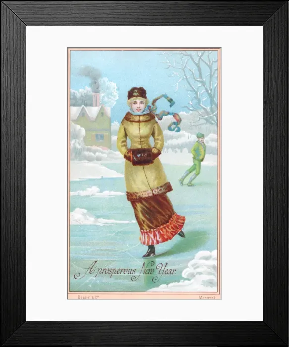 Framed Print : Young woman skating on a New Year card Framed Print : Young woman skating on a New Year card