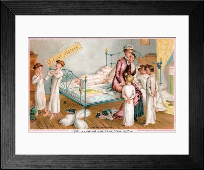Framed Print : Six boys pillow fighting on a New Year card Framed Print : Six boys pillow fighting on a New Year card