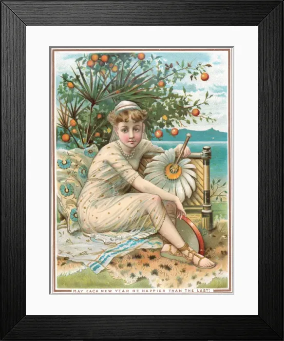 Framed Print : Young woman with feather fan on a New Year card