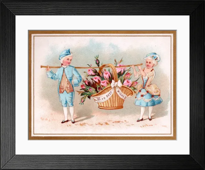 Framed Print : Boy and girl in historical costume on a Best Wishes card Framed Print : Boy and girl in historical costume on a Best Wishes card