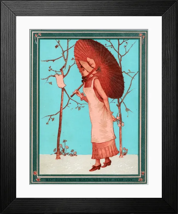 Framed Print : Lady with a parasol on a Christmas and New Year card Framed Print : Lady with a parasol on a Christmas and New Year card