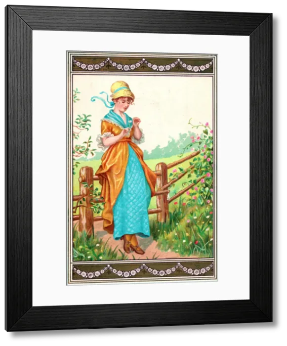 Framed Print : Young woman with daisy on a romantic card Framed Print : Young woman with daisy on a romantic card