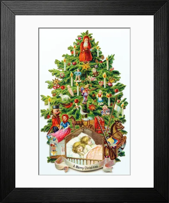 Framed Print : Decorated Christmas tree with children asleep Framed Print : Decorated Christmas tree with children asleep