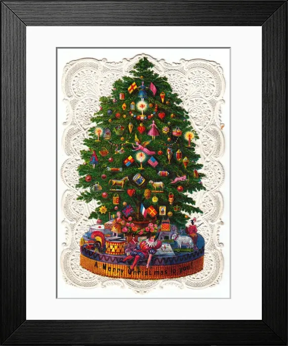 Framed Print : Decorated tree on a Christmas card Framed Print : Decorated tree on a Christmas card