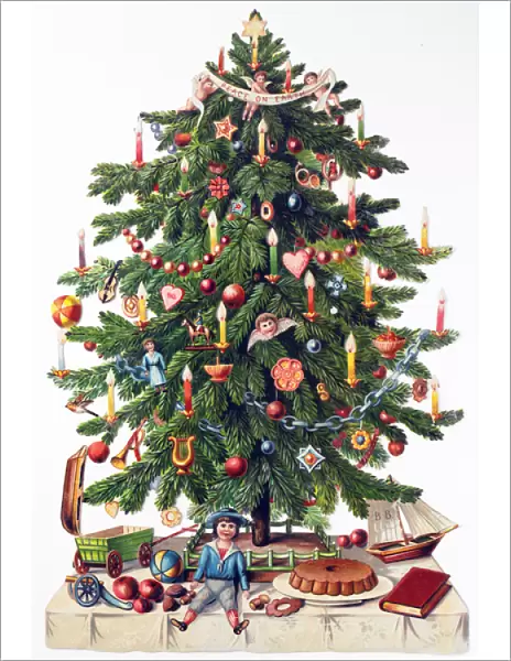 Decorated Christmas tree with toys and food below