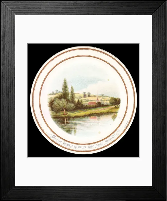 Framed Print : Trees, water and church on a Christmas card Framed Print : Trees, water and church on a Christmas card