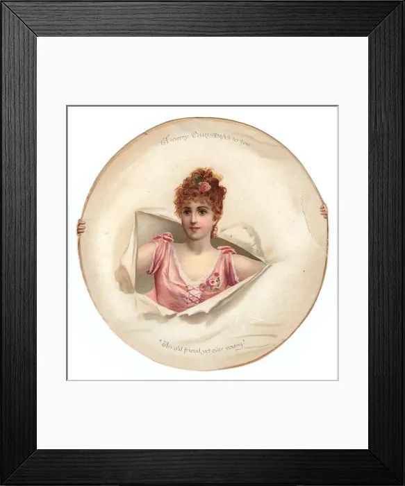 Framed Print : Young woman in pink on a Christmas card Framed Print : Young woman in pink on a Christmas card