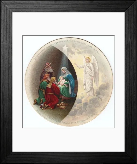 Framed Print : Nativity scene on a circular Christmas card Framed Print : Nativity scene on a circular Christmas card