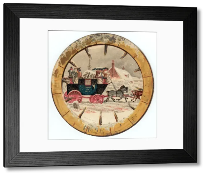 Framed Print : Stagecoach and horses on a circular Christmas card Framed Print : Stagecoach and horses on a circular Christmas card