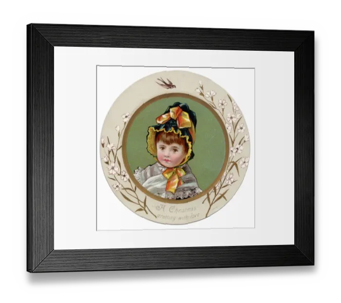 Framed Print : Little girl in a bonnet on a circular Christmas card Framed Print : Little girl in a bonnet on a circular Christmas card