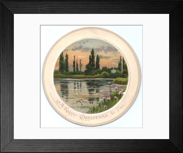Framed Print : Scene on a river on a circular Christmas card Framed Print : Scene on a river on a circular Christmas card
