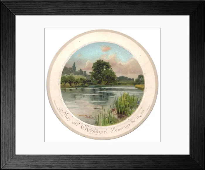 Framed Print : Scene on a river on a circular Christmas card Framed Print : Scene on a river on a circular Christmas card