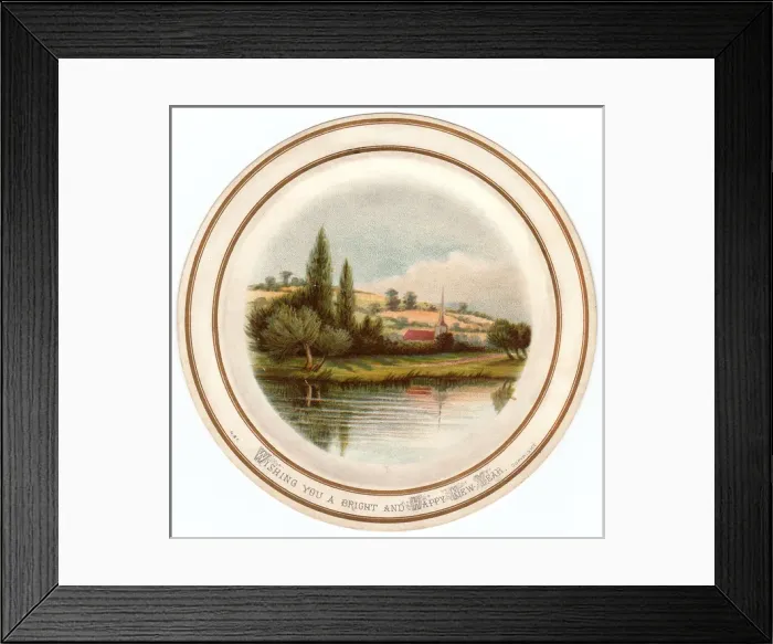 Framed Print : Trees, water and church on a New Year card Framed Print : Trees, water and church on a New Year card