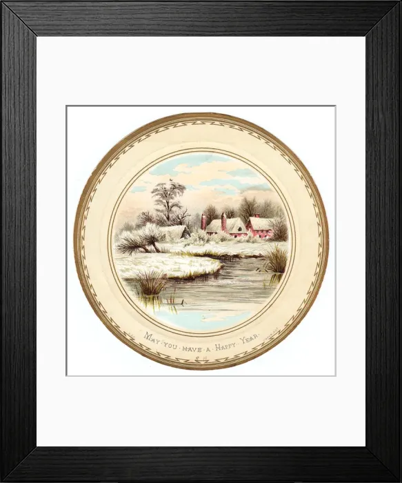 Framed Print : Snow scene with cottages on a circular New Year card Framed Print : Snow scene with cottages on a circular New Year card