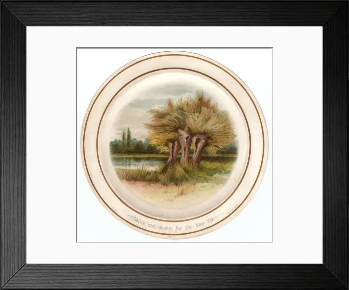 Framed Print : Trees by the waterside on a circular New Year card Framed Print : Trees by the waterside on a circular New Year card