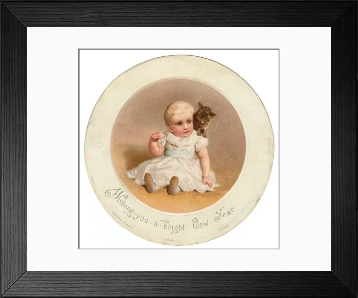 Framed Print : Little child with kitten on a circular New Year card Framed Print : Little child with kitten on a circular New Year card