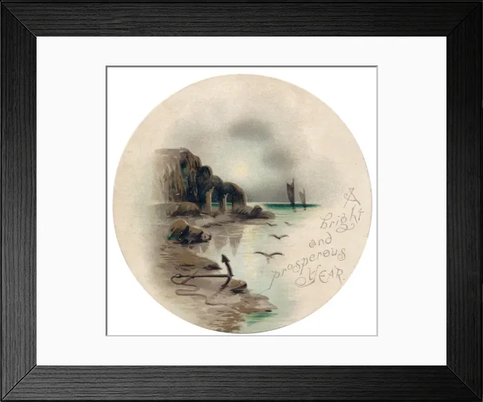 Framed Print : Coastal scene on a circular New Year card Framed Print : Coastal scene on a circular New Year card