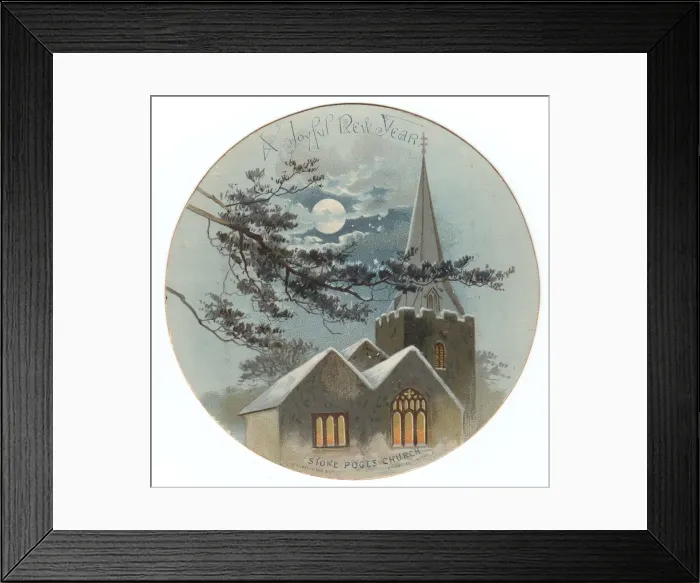 Framed Print : Stoke Poges Church on a circular New Year card Framed Print : Stoke Poges Church on a circular New Year card