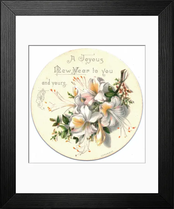 Framed Print : White flowers on a circular New Year card Framed Print : White flowers on a circular New Year card