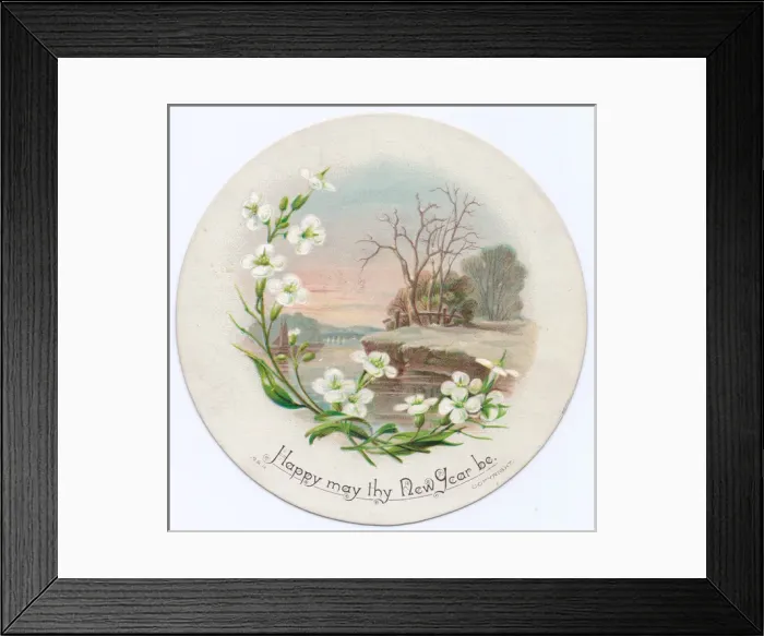 Framed Print : Rural scene with white flowers on a circular New Year card Framed Print : Rural scene with white flowers on a circular New Year card