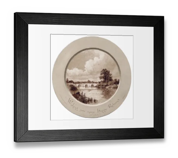 Framed Print : Bridge over a river on a circular birthday card Framed Print : Bridge over a river on a circular birthday card