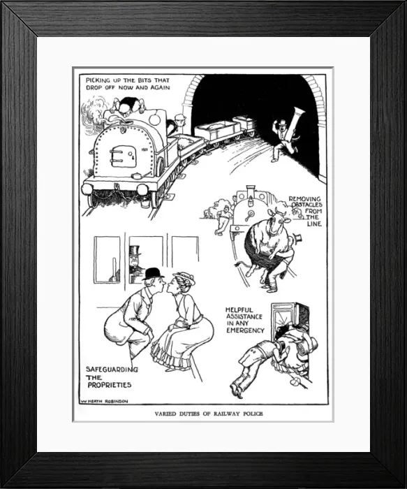 Framed Print : Illustration, Railway Ribaldry by W Heath Robinson Framed Print : Illustration, Railway Ribaldry by W Heath Robinson