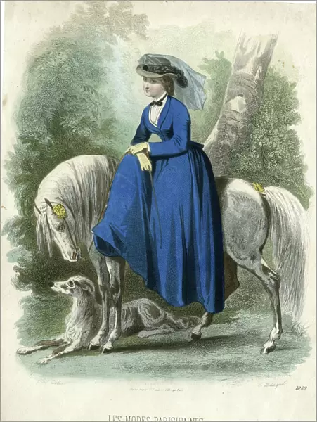 French fashion plate, lady sidesaddle on horse