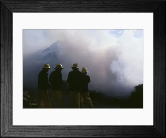 Framed Print : Firefighters in action at a fire in a merchants yard Framed Print : Firefighters in action at a fire in a merchants yard